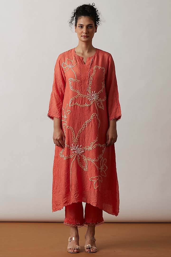 Coral Viscose Silk Embroidered Kurta Set by One not two at Pernia's Pop Up Shop