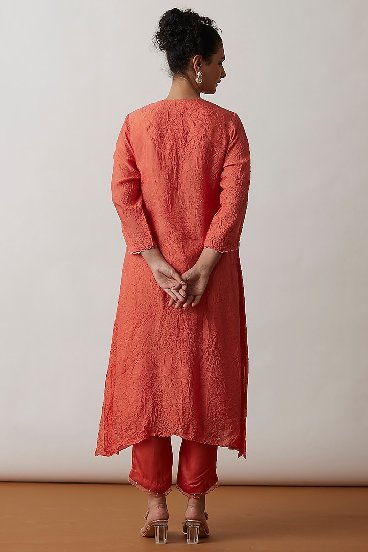 Coral Viscose Silk Embroidered Kurta Set by One not two at Pernia's Pop Up Shop