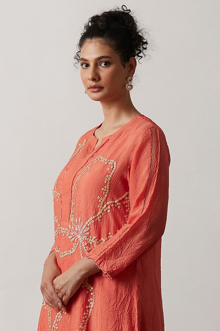Coral Viscose Silk Embroidered Kurta Set by One not two at Pernia's Pop Up Shop