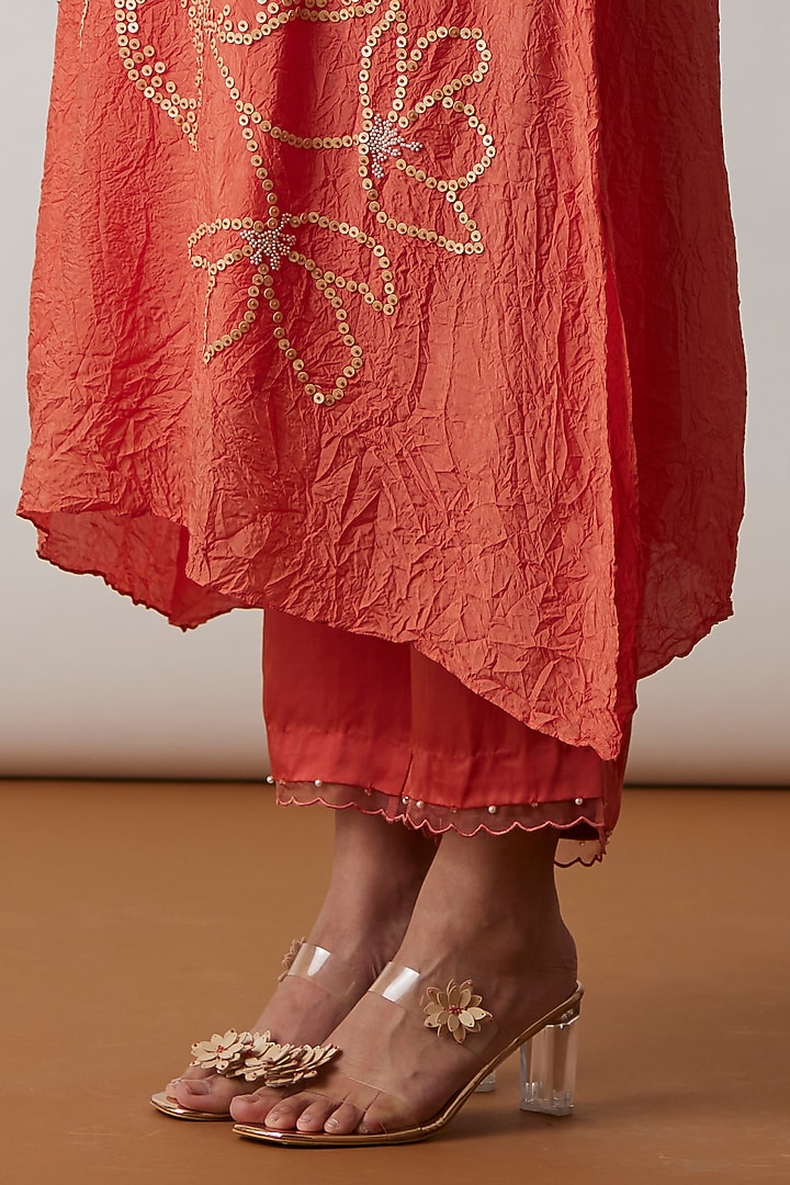 Coral Viscose Silk Embroidered Kurta Set by One not two at Pernia's Pop Up Shop