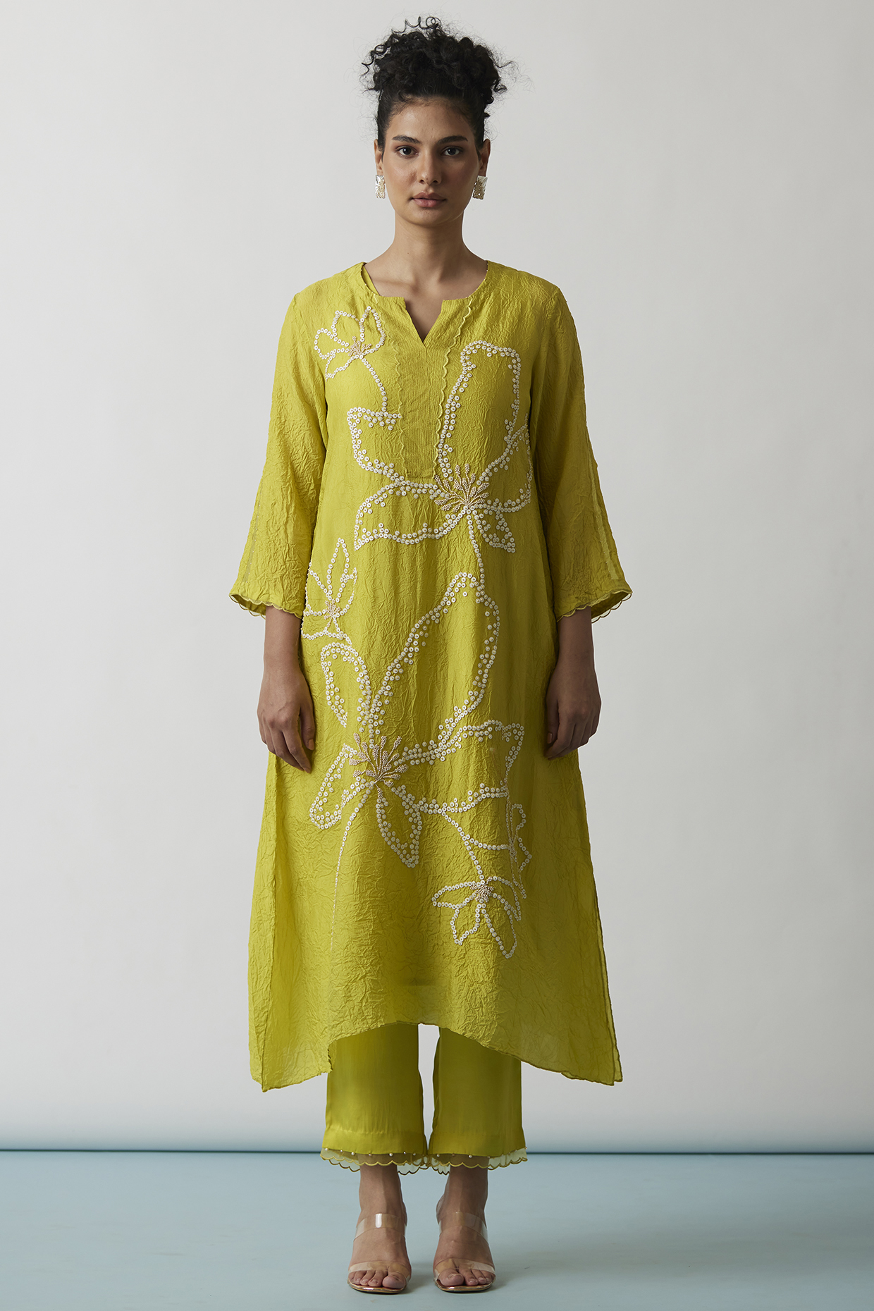 Citrus Yellow Viscose Silk Embroidered Kurta Set by One not two at Pernia's Pop Up Shop