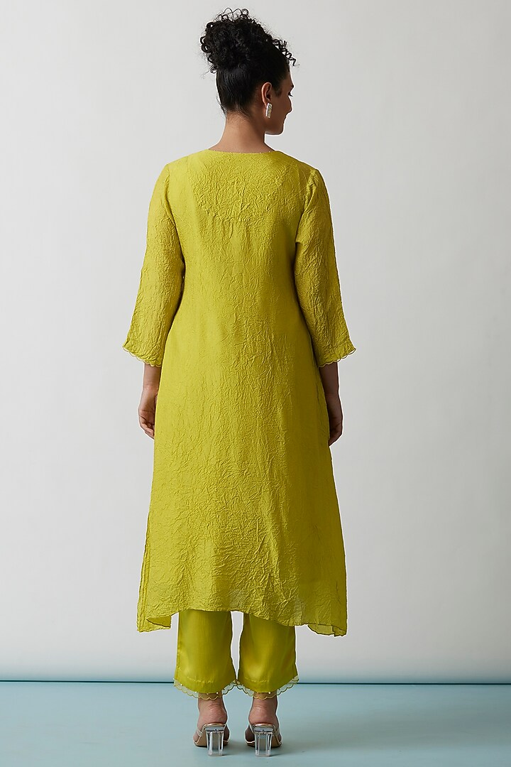 Citrus Yellow Viscose Silk Embroidered Kurta Set by One not two at Pernia's Pop Up Shop