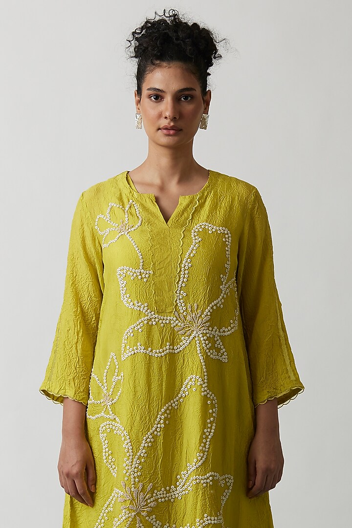 Citrus Yellow Viscose Silk Embroidered Kurta Set by One not two at Pernia's Pop Up Shop