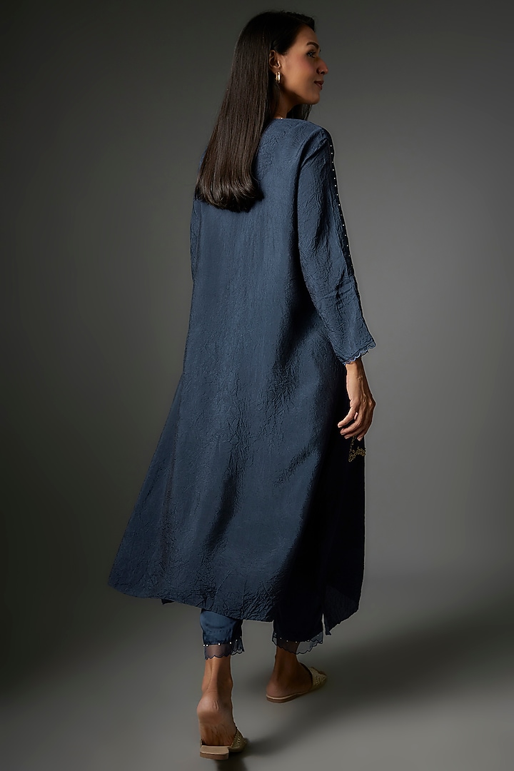 Navy Viscose Silk Hand Embroidered Kurta Set by One not two at Pernia's Pop Up Shop