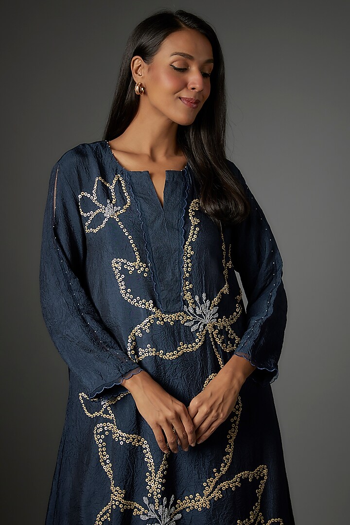 Navy Viscose Silk Hand Embroidered Kurta Set by One not two at Pernia's Pop Up Shop