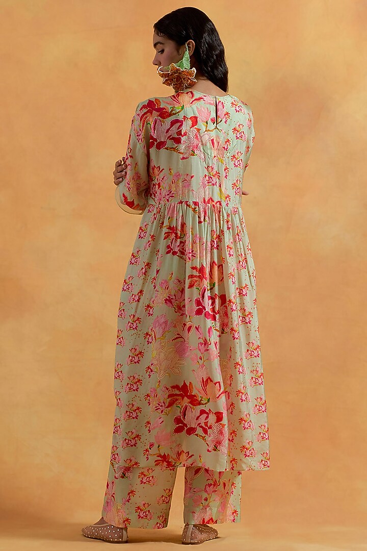 Mist Green Viscose Silk Printed & Embroidered Tunic Set by One not two at Pernia's Pop Up Shop