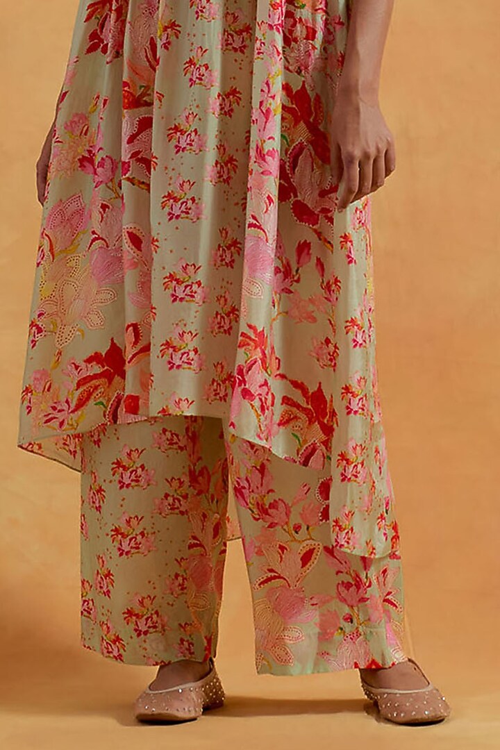 Mist Green Viscose Silk Printed & Embroidered Tunic Set by One not two at Pernia's Pop Up Shop