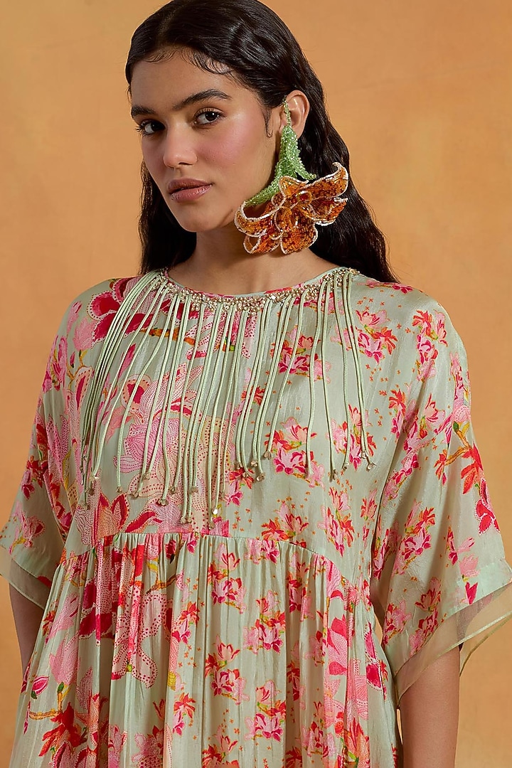 Mist Green Viscose Silk Printed & Embroidered Tunic Set by One not two at Pernia's Pop Up Shop