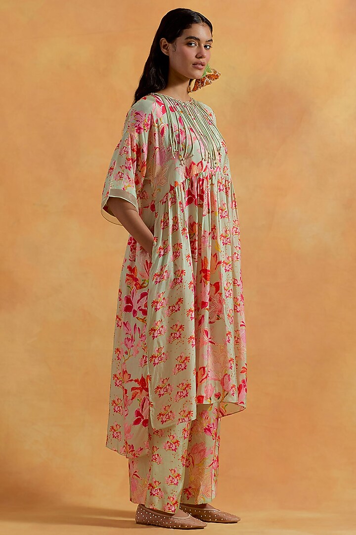 Mist Green Viscose Silk Printed & Embroidered Tunic Set by One not two at Pernia's Pop Up Shop