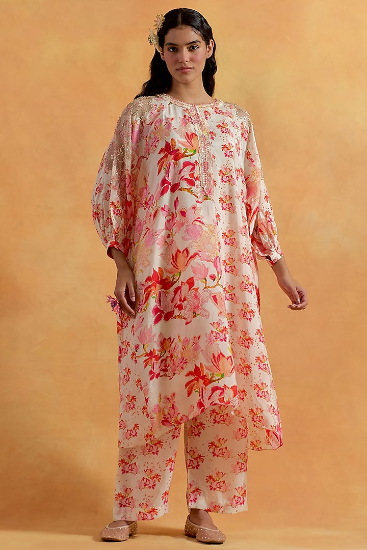 Ecru Silk Floral Printed & Embroidered Kurta Set by One not two at Pernia's Pop Up Shop