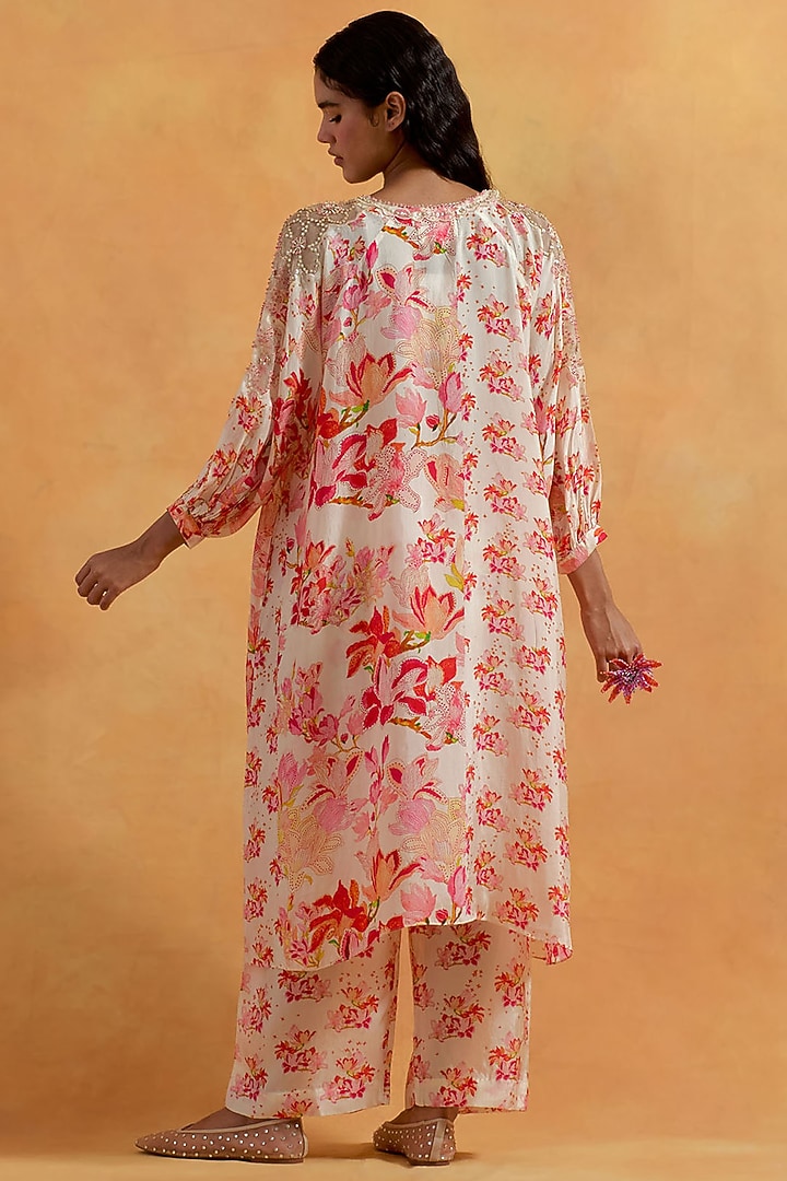 Ecru Silk Floral Printed & Embroidered Kurta Set by One not two at Pernia's Pop Up Shop