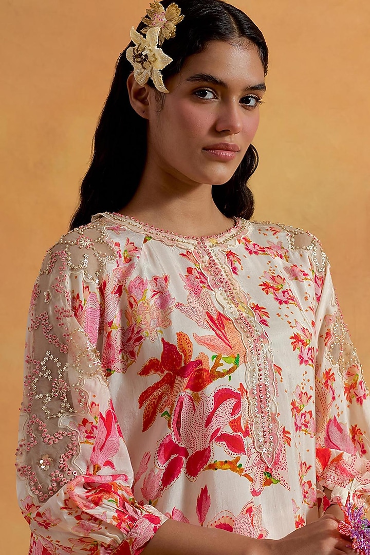 Ecru Silk Floral Printed & Embroidered Kurta Set by One not two at Pernia's Pop Up Shop
