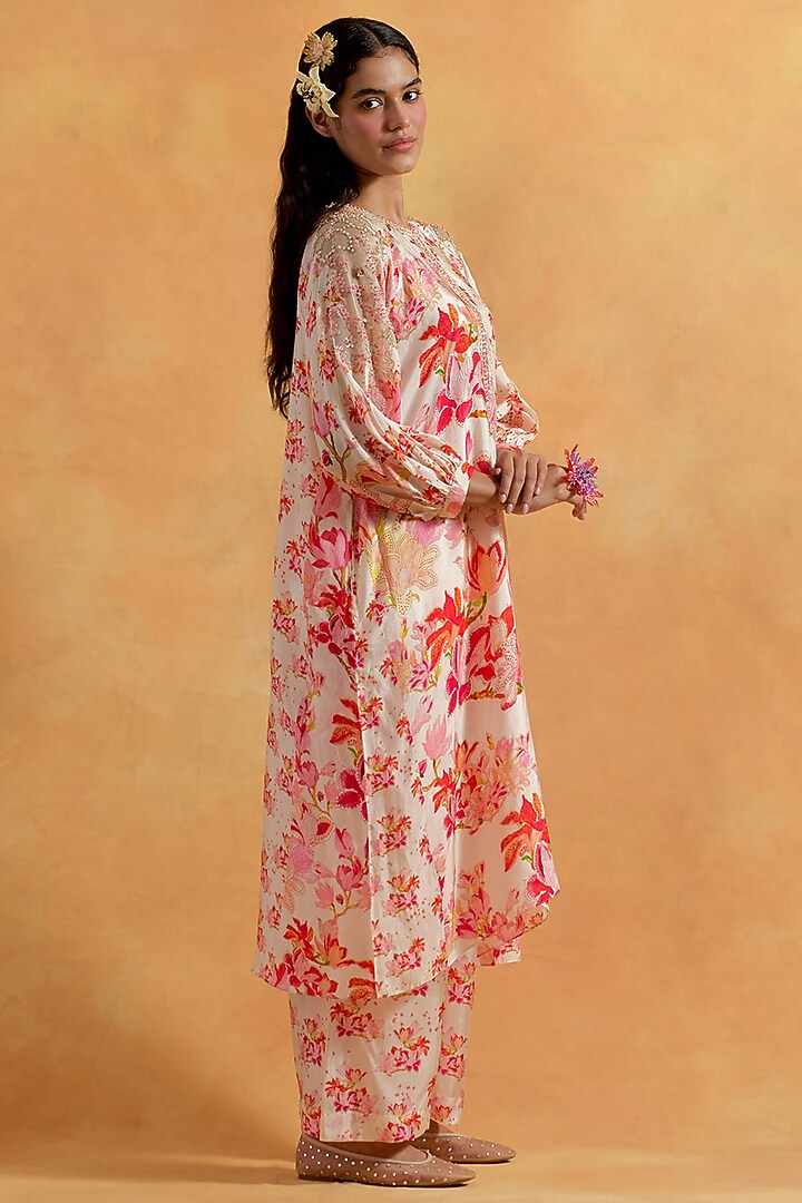 Ecru Silk Floral Printed & Embroidered Kurta Set by One not two at Pernia's Pop Up Shop