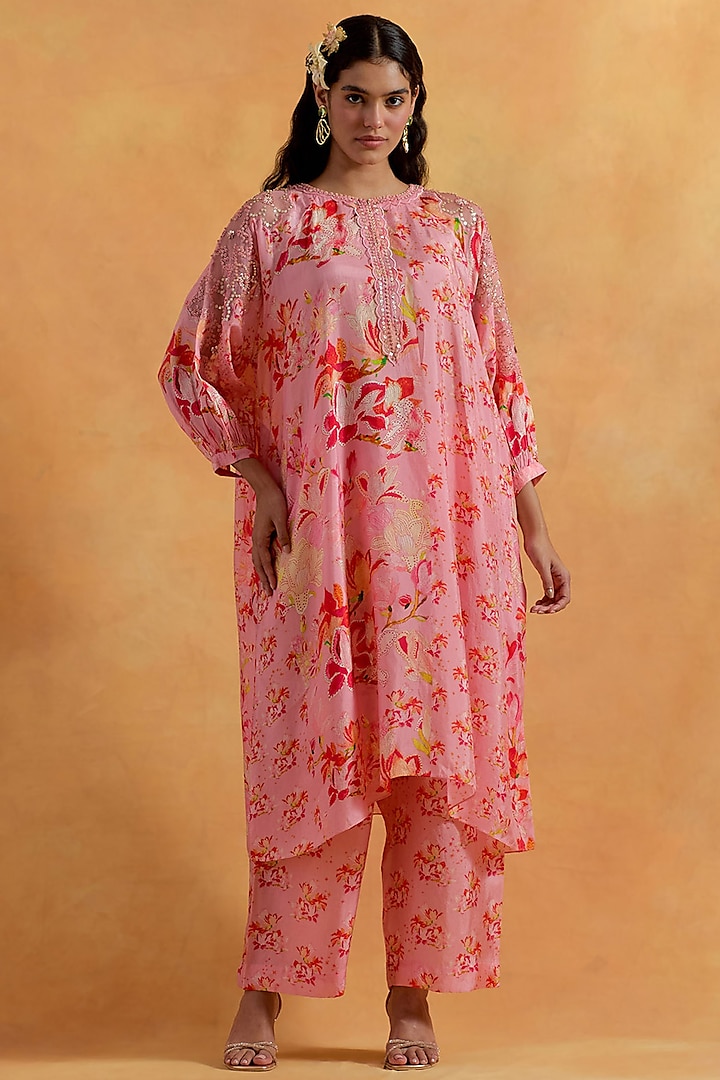 Peach Silk Floral Printed & Embroidered Kurta Set by One not two at Pernia's Pop Up Shop