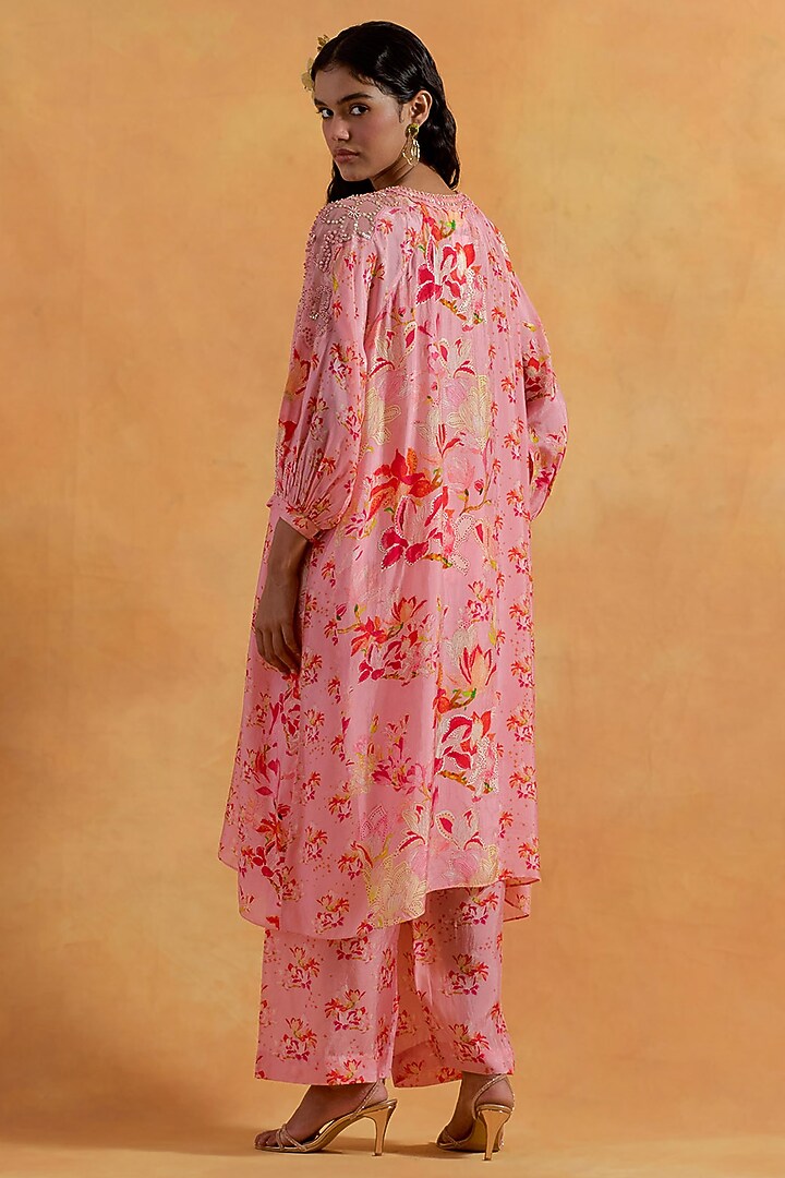 Peach Silk Floral Printed & Embroidered Kurta Set by One not two at Pernia's Pop Up Shop