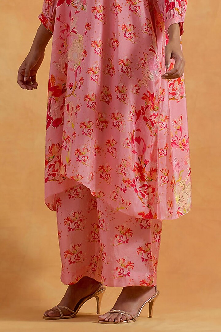 Peach Silk Floral Printed & Embroidered Kurta Set by One not two at Pernia's Pop Up Shop
