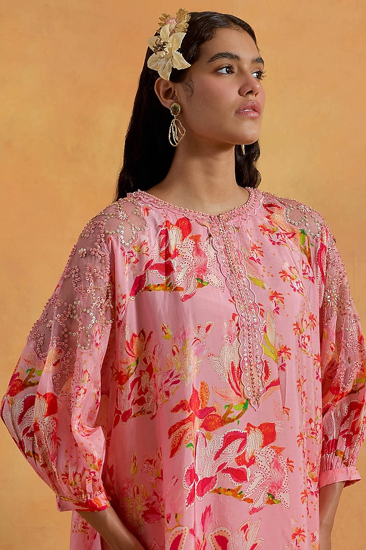 Peach Silk Floral Printed & Embroidered Kurta Set by One not two at Pernia's Pop Up Shop