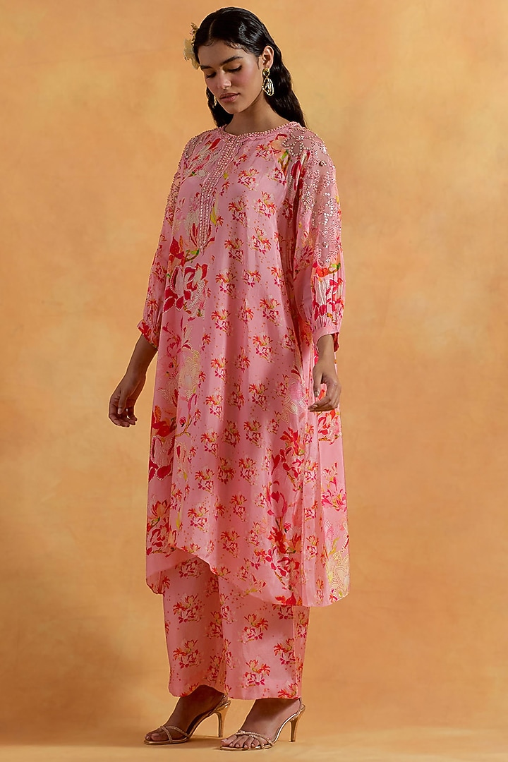 Peach Silk Floral Printed & Embroidered Kurta Set by One not two at Pernia's Pop Up Shop