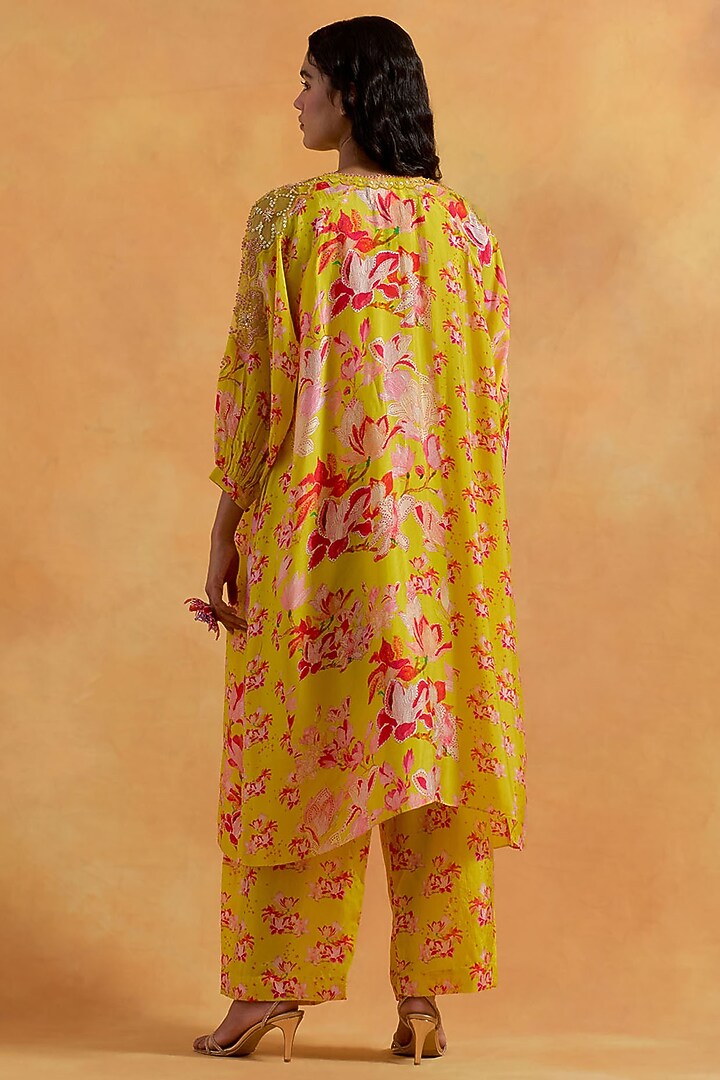 Mango Yellow Silk Floral Printed & Embroidered Kurta Set by One not two at Pernia's Pop Up Shop