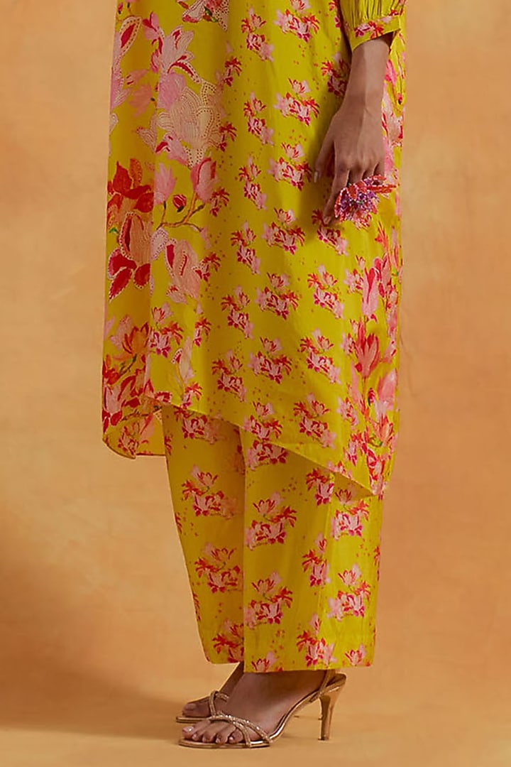 Mango Yellow Silk Floral Printed & Embroidered Kurta Set by One not two at Pernia's Pop Up Shop
