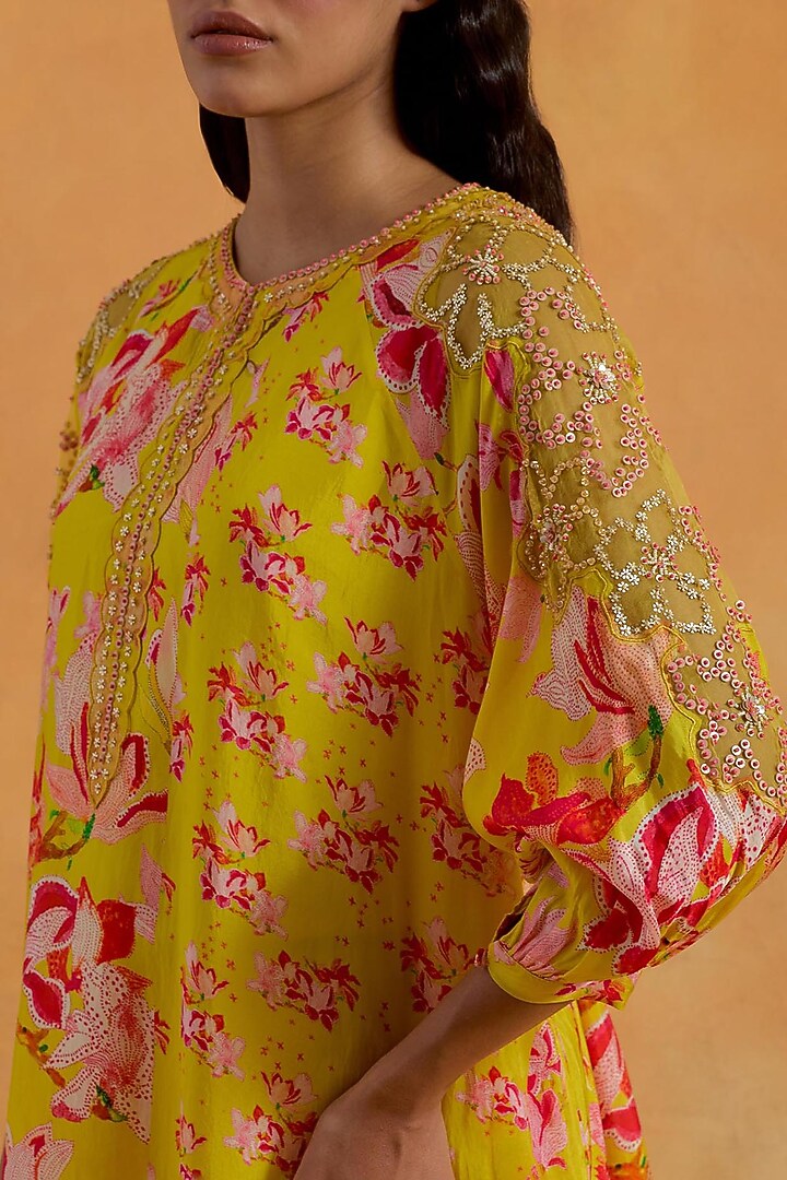Mango Yellow Silk Floral Printed & Embroidered Kurta Set by One not two at Pernia's Pop Up Shop