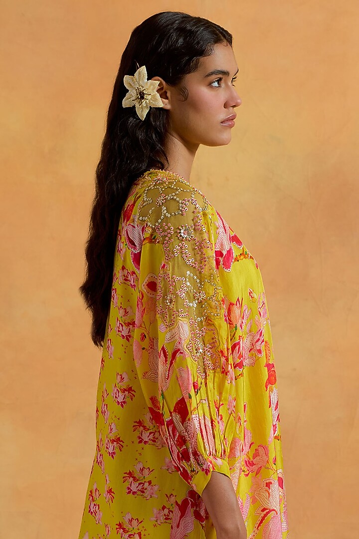 Mango Yellow Silk Floral Printed & Embroidered Kurta Set by One not two at Pernia's Pop Up Shop