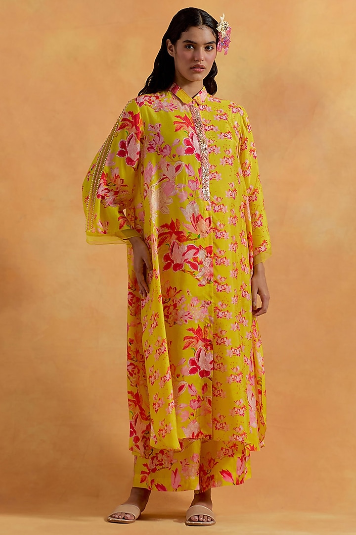 Mango Yellow Viscose Silk Sequins Embroidered Tunic Set by One not two at Pernia's Pop Up Shop