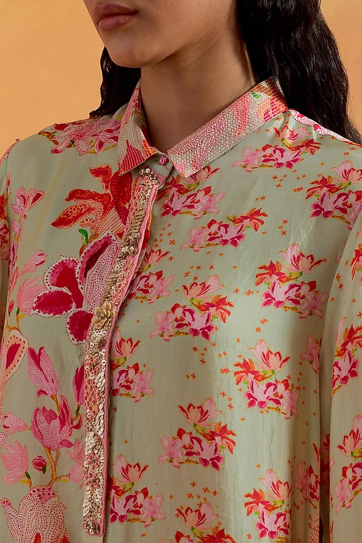 Mist Green Viscose Silk Sequins Embroidered Tunic Set by One not two at Pernia's Pop Up Shop
