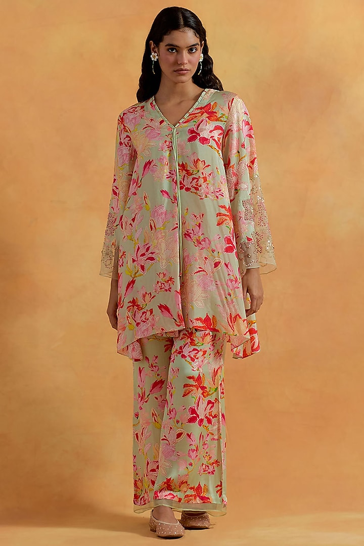 Mist Green Silk Dori & Sequins Embroidered Kurta Set by One not two at Pernia's Pop Up Shop