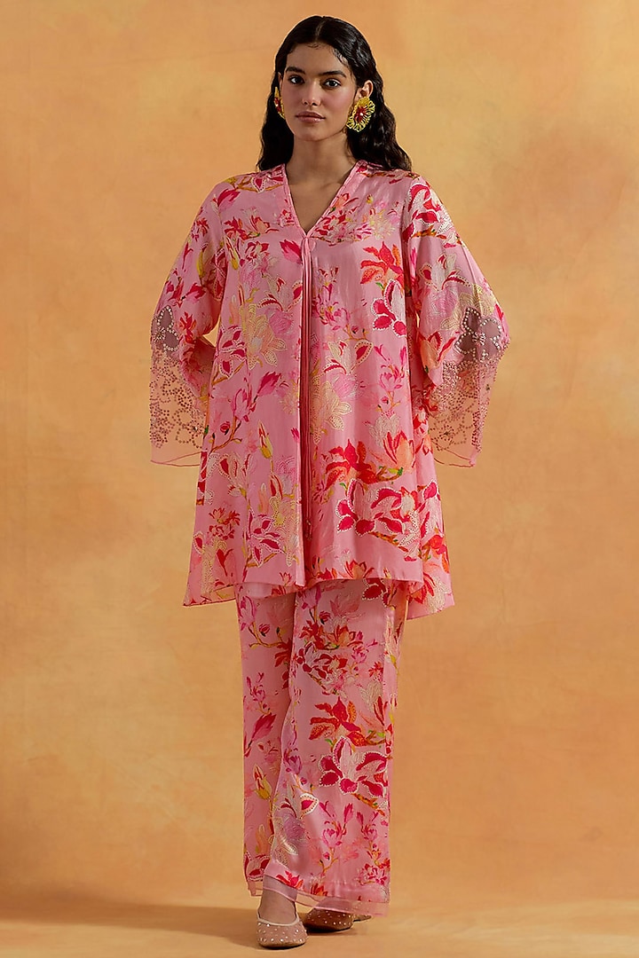 Peach Silk Dori & Sequins Embroidered Kurta Set by One not two at Pernia's Pop Up Shop