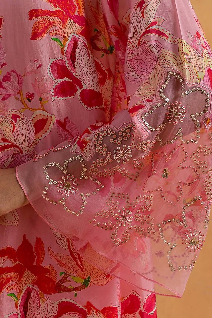 Peach Silk Dori & Sequins Embroidered Kurta Set by One not two at Pernia's Pop Up Shop