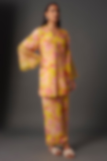 Yellow Viscose Silk Floral Printed & Embellished Co-Ord Set by One not two at Pernia's Pop Up Shop