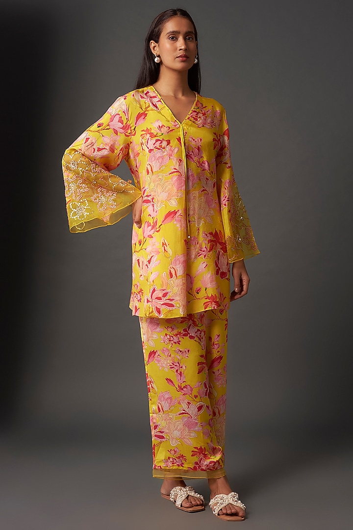 Yellow Viscose Silk Floral Printed & Embellished Co-Ord Set by One not two at Pernia's Pop Up Shop