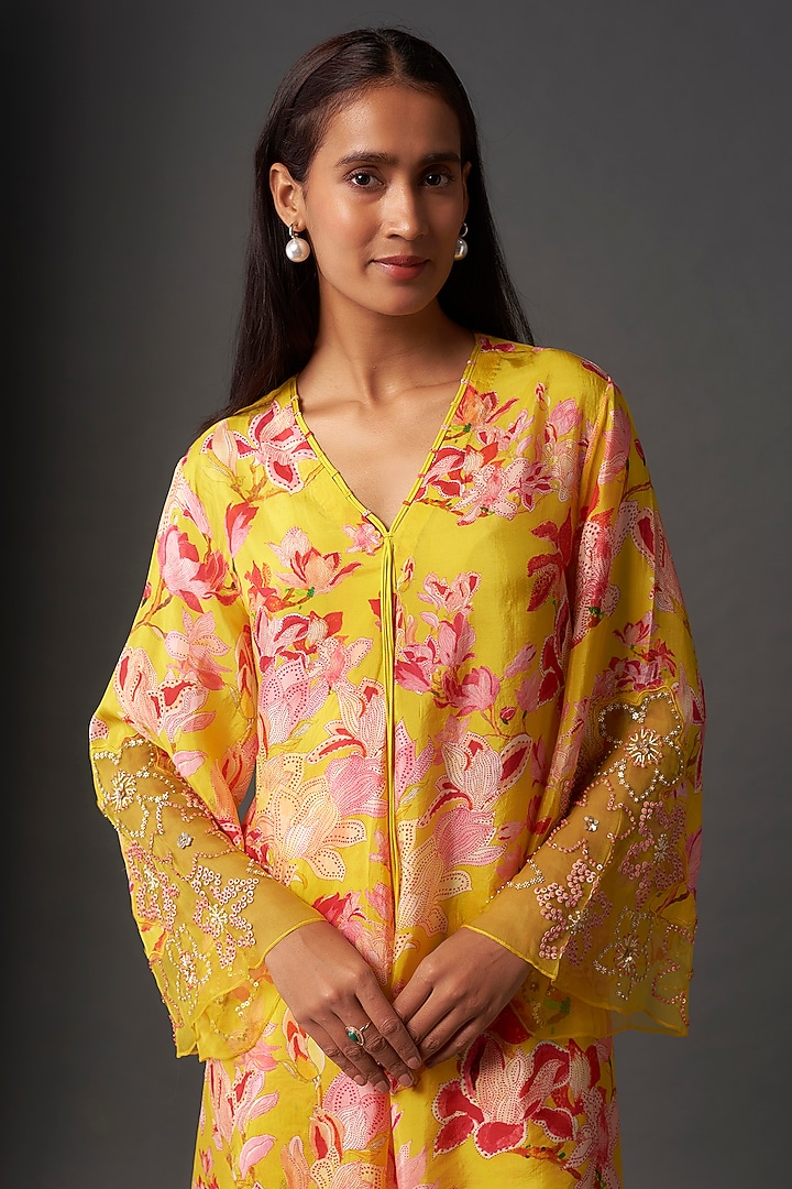 Yellow Viscose Silk Floral Printed & Embellished Co-Ord Set by One not two at Pernia's Pop Up Shop