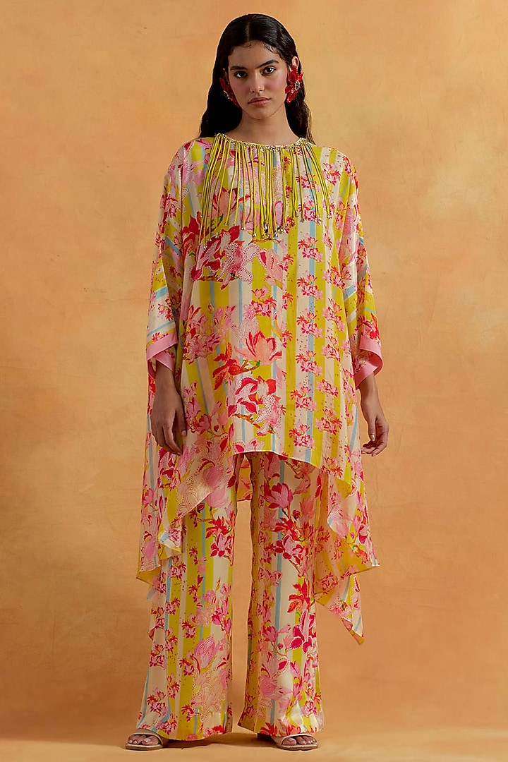 Ecru Silk Hand & Machine Embroidered Kaftan Set by One not two at Pernia's Pop Up Shop