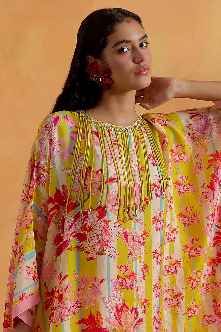 Ecru Silk Hand & Machine Embroidered Kaftan Set by One not two at Pernia's Pop Up Shop