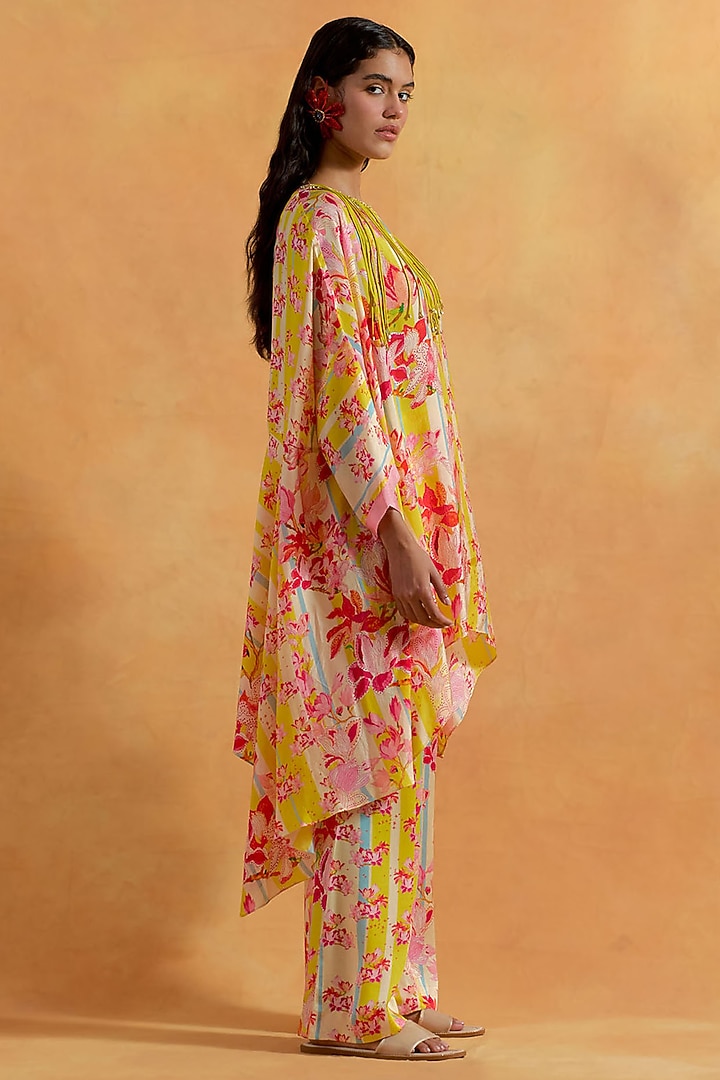 Ecru Silk Hand & Machine Embroidered Kaftan Set by One not two at Pernia's Pop Up Shop