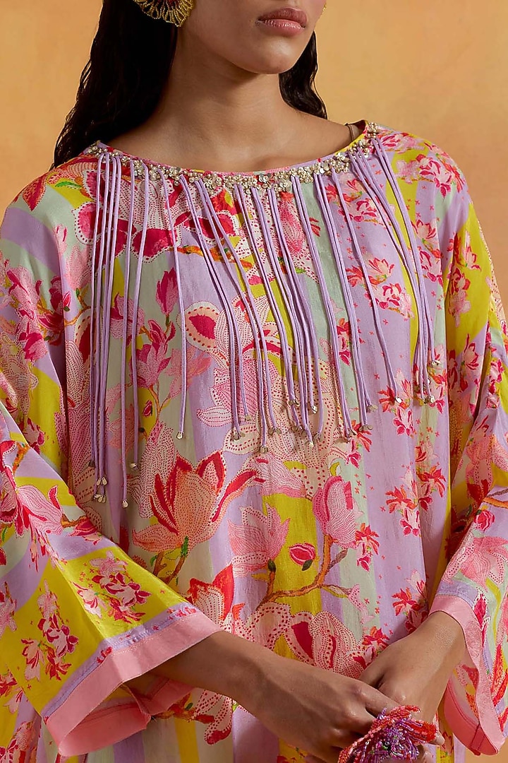 Lavender Silk Hand & Machine Embroidered Kaftan Set by One not two at Pernia's Pop Up Shop