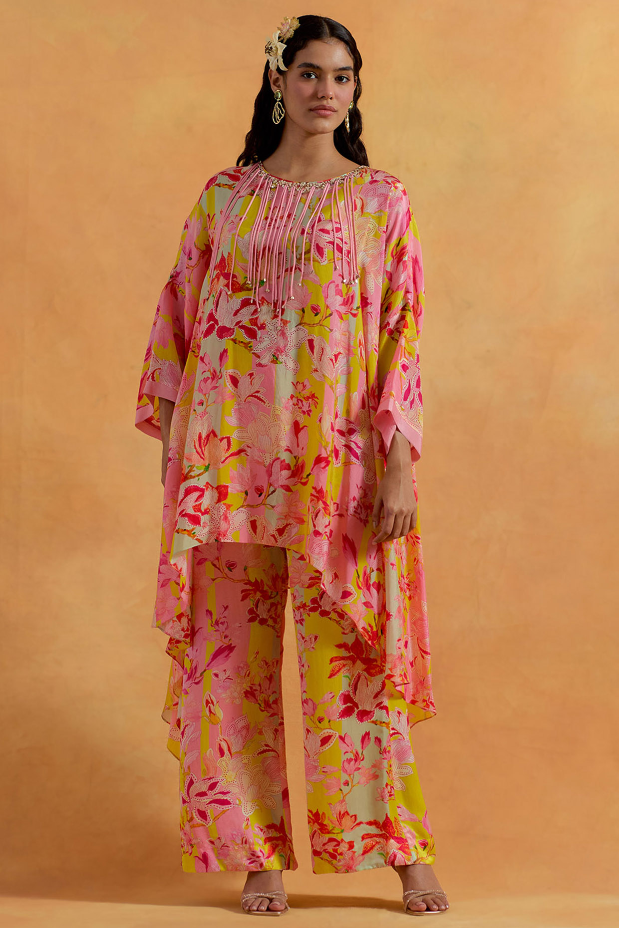Peach Silk Hand & Machine Embroidered Kaftan Set by One not two at Pernia's Pop Up Shop