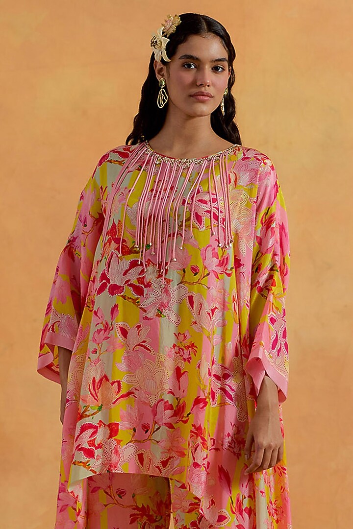 Peach Silk Hand & Machine Embroidered Kaftan Set by One not two at Pernia's Pop Up Shop