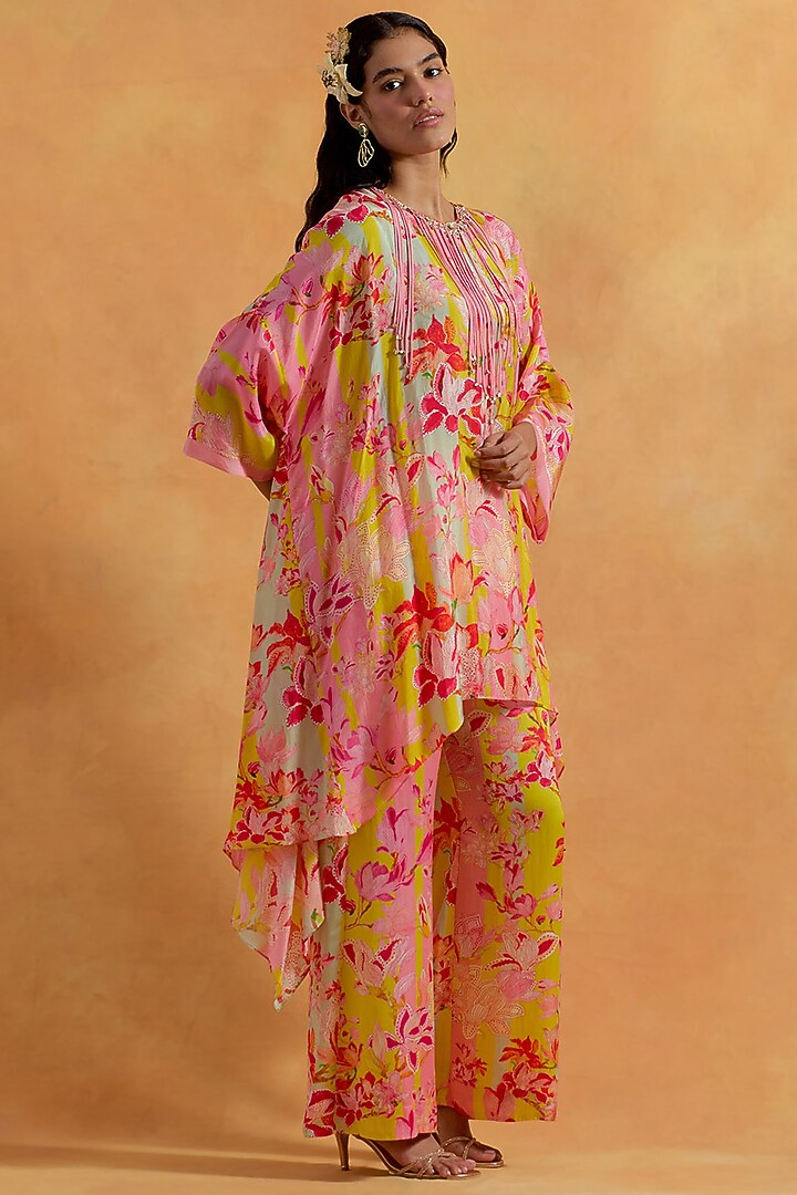 Peach Silk Hand & Machine Embroidered Kaftan Set by One not two at Pernia's Pop Up Shop