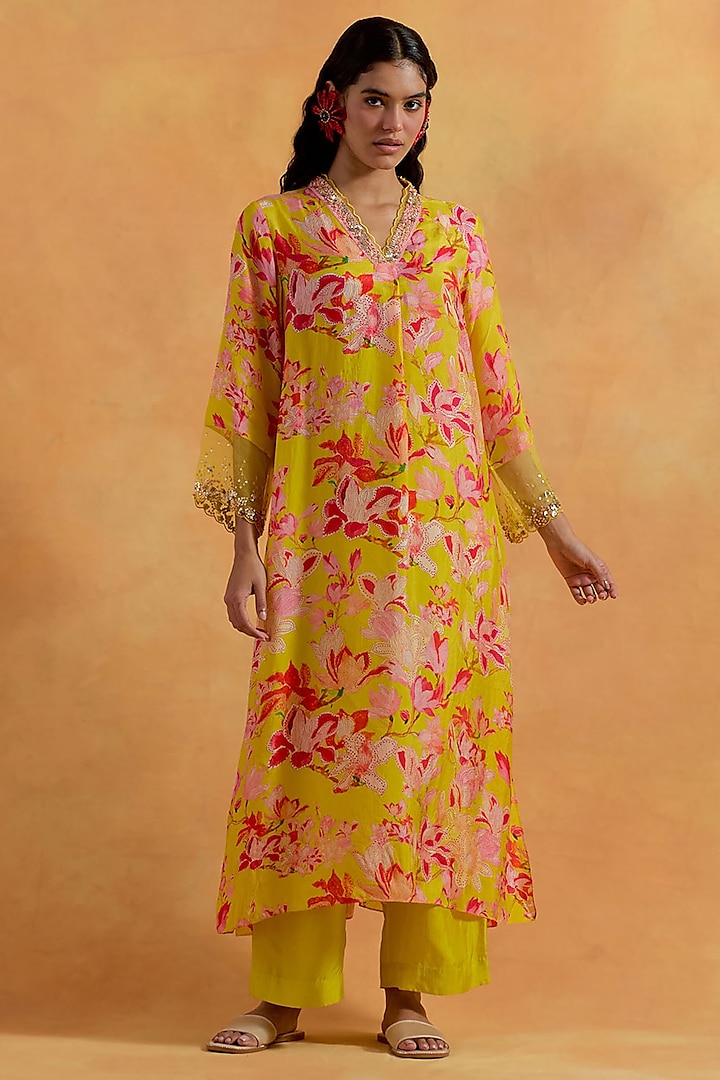 Mango Yellow Viscose Silk Sequins Embroidered Kurta Set by One not two at Pernia's Pop Up Shop