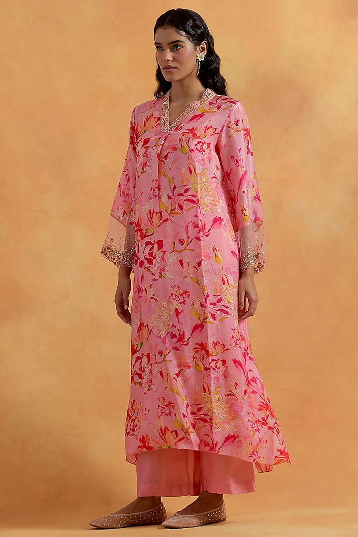 Peach Viscose Silk Sequins Embroidered Kurta Set by One not two