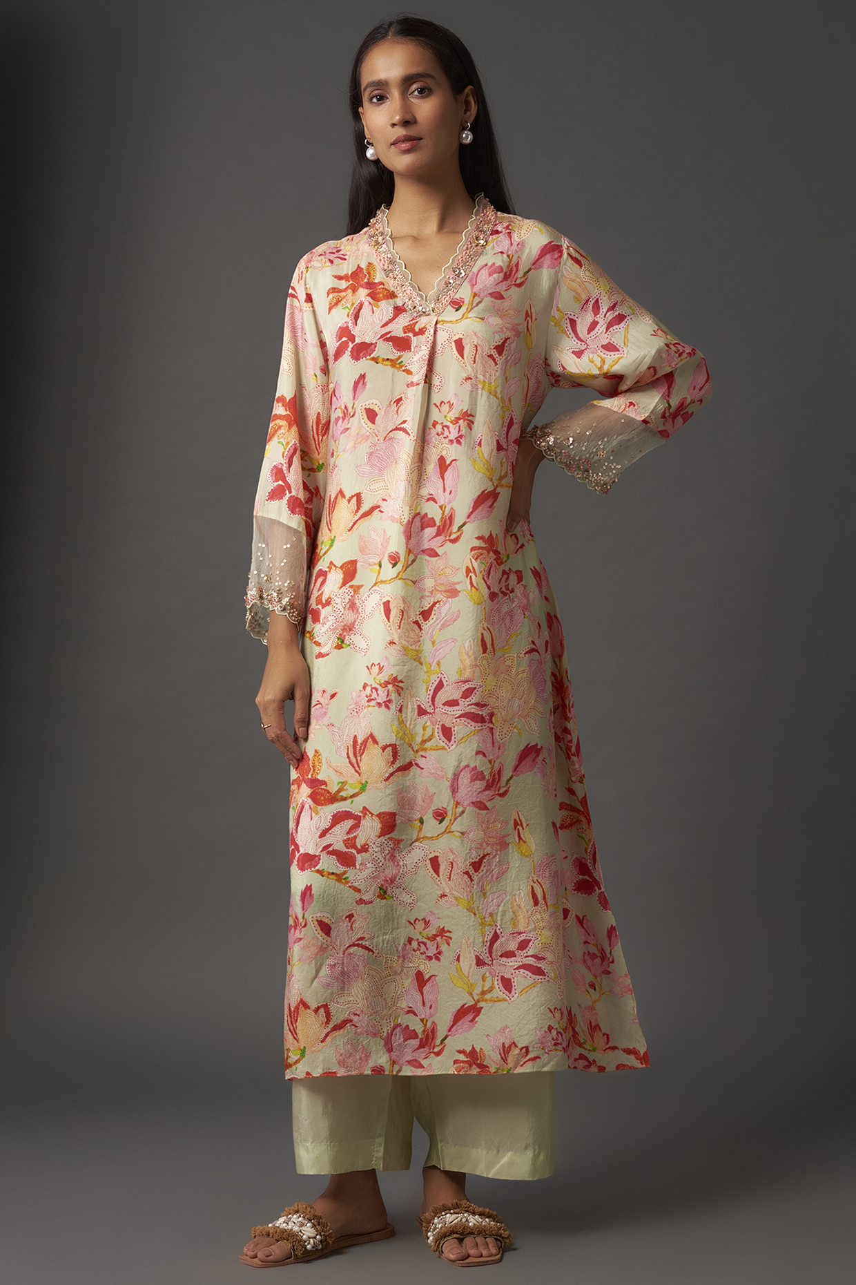 Ecru Viscose Silk Floral Printed & Embroidered Kurta Set by One not two at Pernia's Pop Up Shop