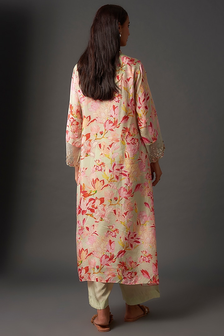 Ecru Viscose Silk Floral Printed & Embroidered Kurta Set by One not two at Pernia's Pop Up Shop