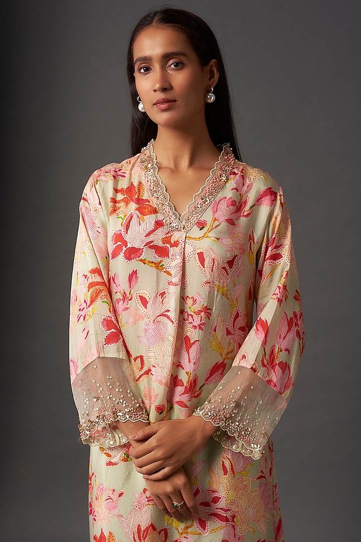 Ecru Viscose Silk Floral Printed & Embroidered Kurta Set by One not two at Pernia's Pop Up Shop
