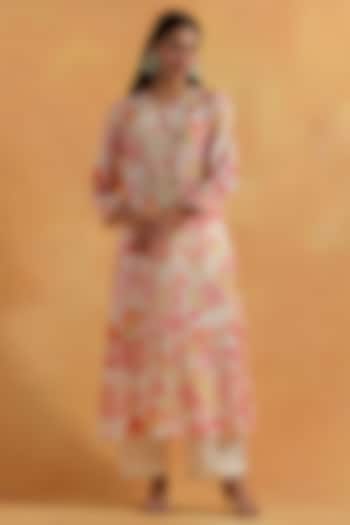 Ecru Viscose Silk Printed & Embroidered Kurta Set by One not two at Pernia's Pop Up Shop