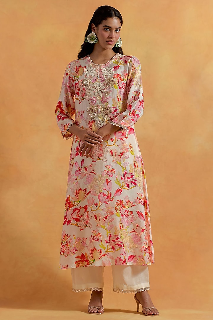 Ecru Viscose Silk Printed & Embroidered Kurta Set by One not two at Pernia's Pop Up Shop