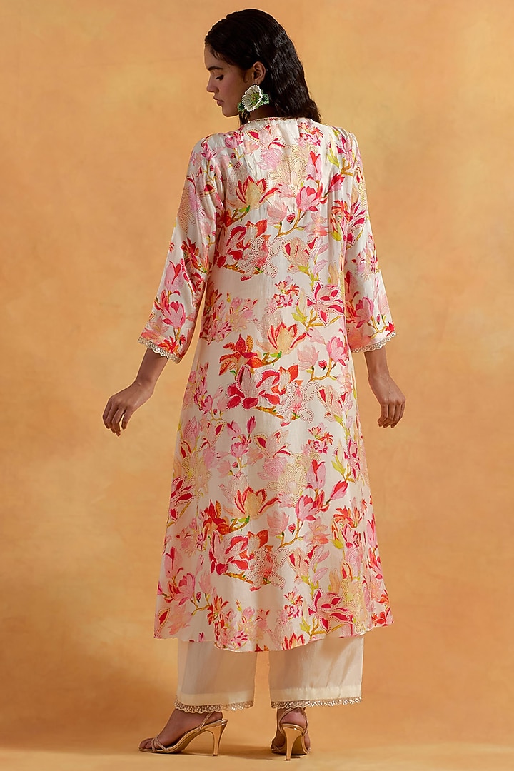 Ecru Viscose Silk Printed & Embroidered Kurta Set by One not two at Pernia's Pop Up Shop