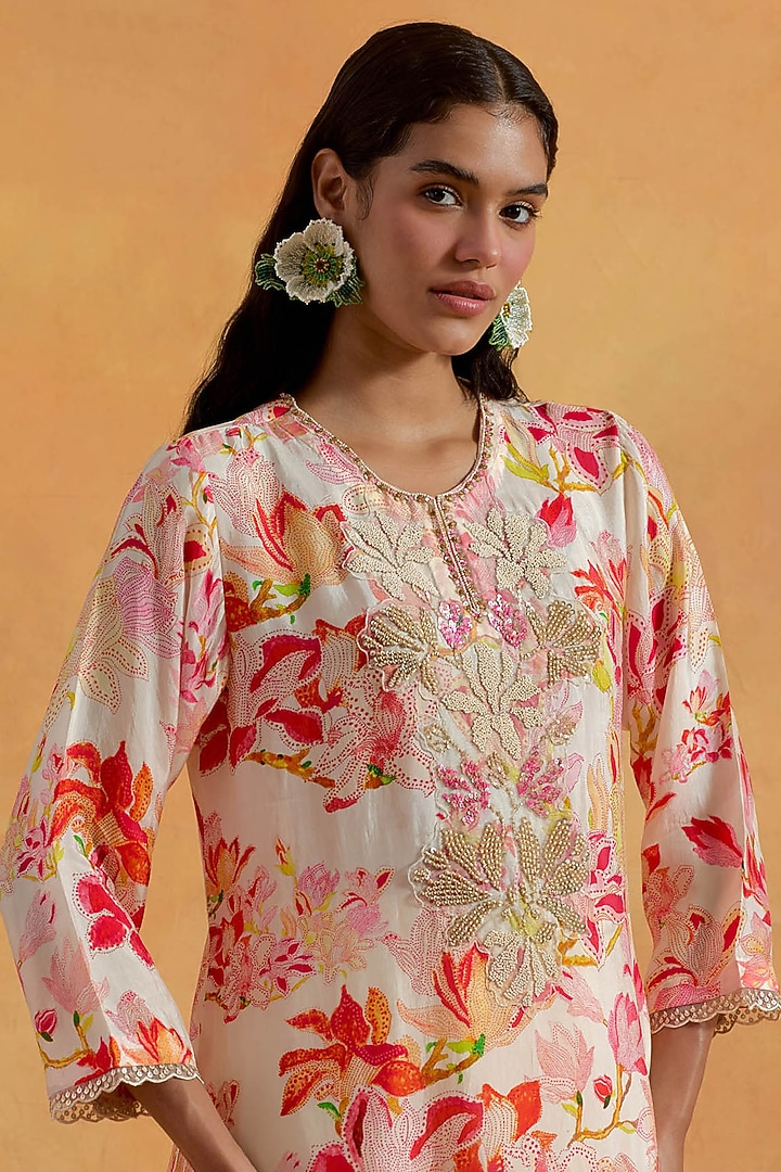Ecru Viscose Silk Printed & Embroidered Kurta Set by One not two at Pernia's Pop Up Shop